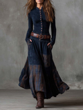 Evelina™ | Vestito Lungo Vintage in Camoscio a Quadri Blu Navy (con Cintura Inclusa)